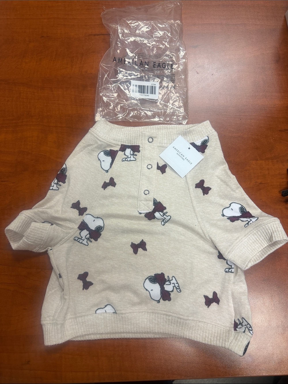 American Eagle Outfitters Beige Snoopy & Bow Print Dog Tee